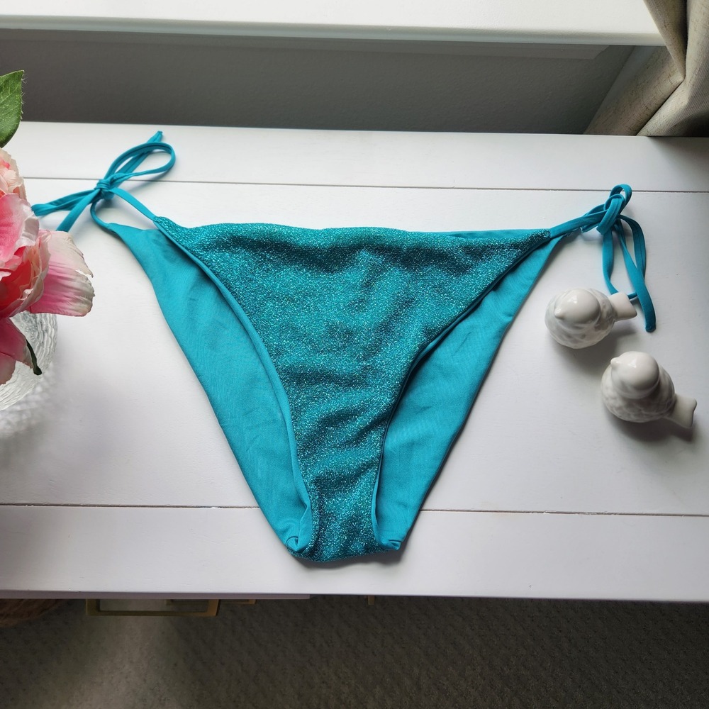 NWT Calzedonia Las Vegas Glitter Side Tie Bikini Bottom Mermaid Blue Teal size M